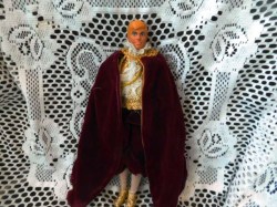 12"  1968 BLONDE MOLDED HAIR KEN DOLL IN RED VELVET THEATRE COSTUME, GOLD BOOTS, HONG KONG